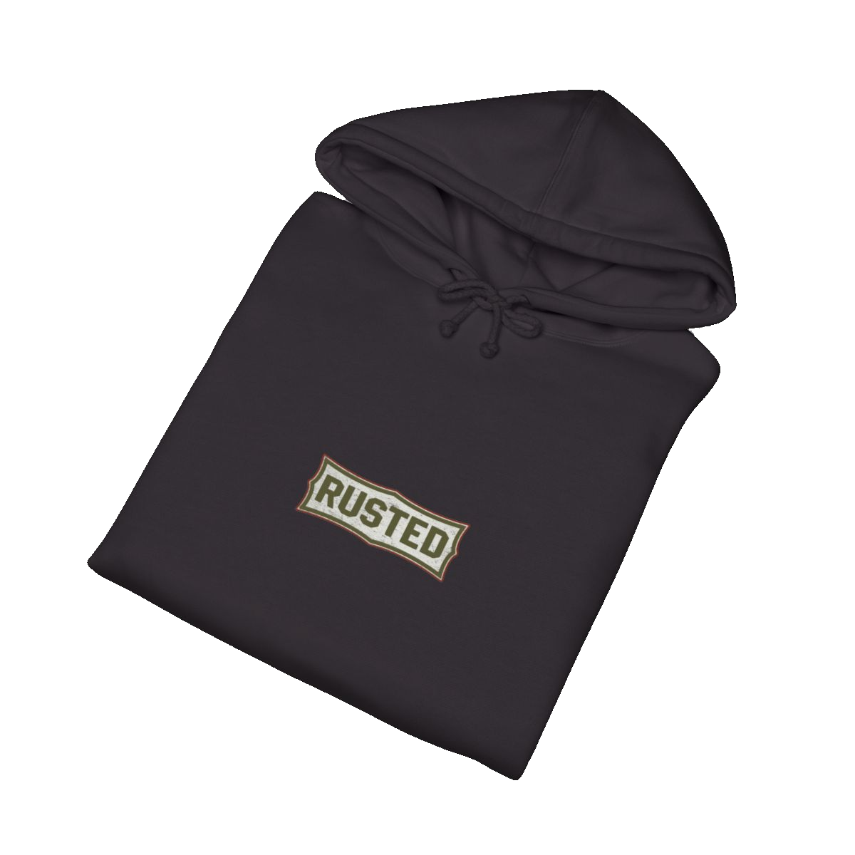 Folded black TRUST THE RUST cable dozer hoodie