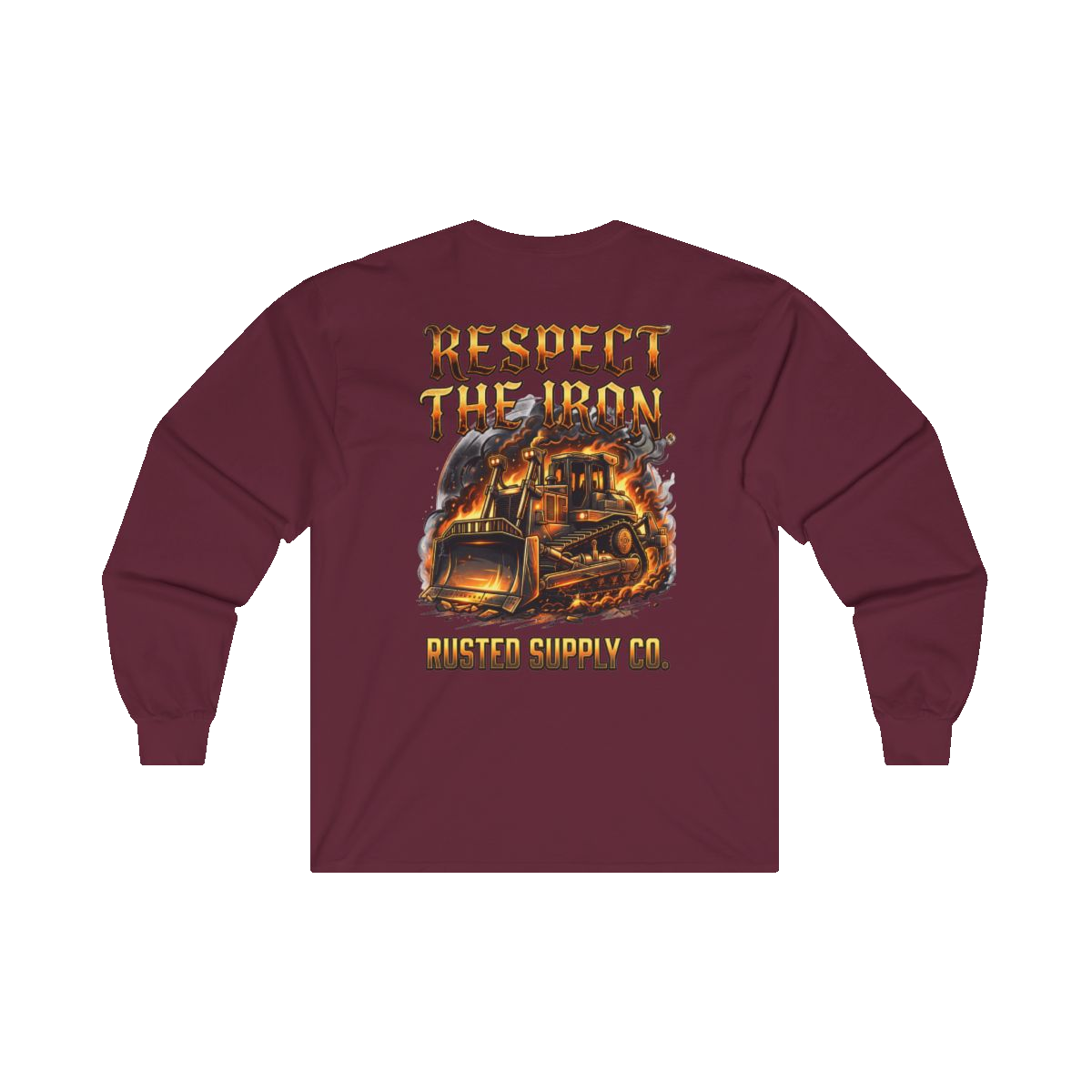 RESPECT THE IRON crawler dozer back print on a maroon long sleeve