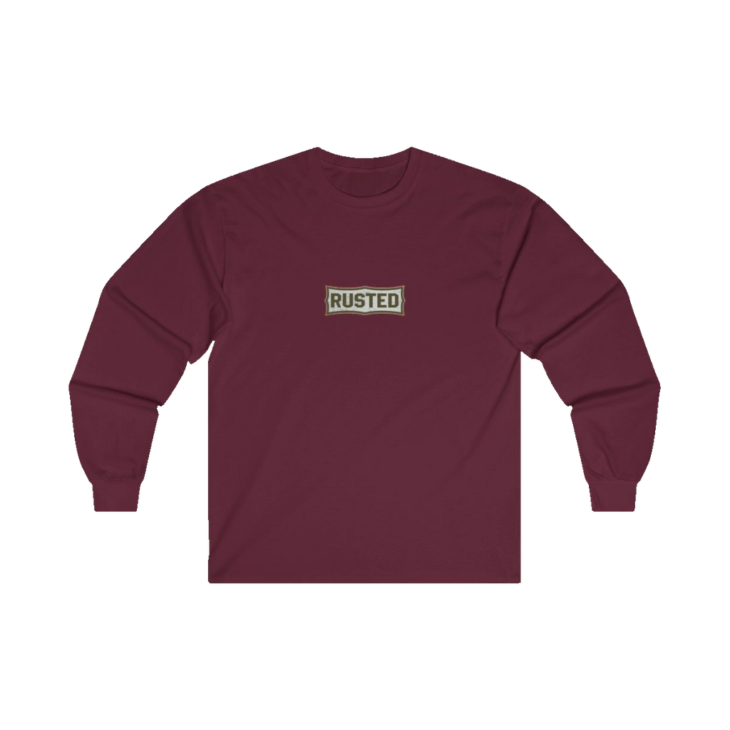 TRUST THE RUST chest badge on a maroon long sleeve