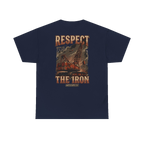 RESPECT THE IRON crawler crane back print on a navy tee