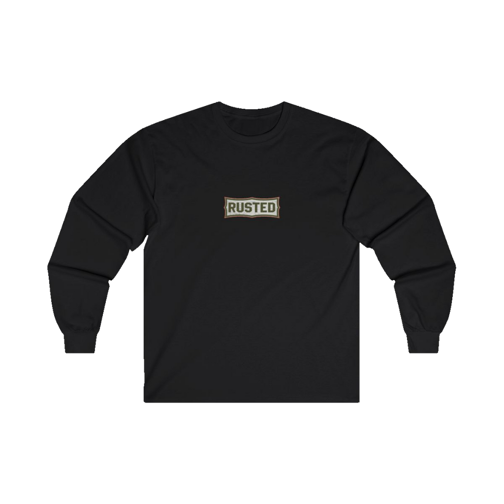 TRUST THE RUST chest badge on a black long sleeve
