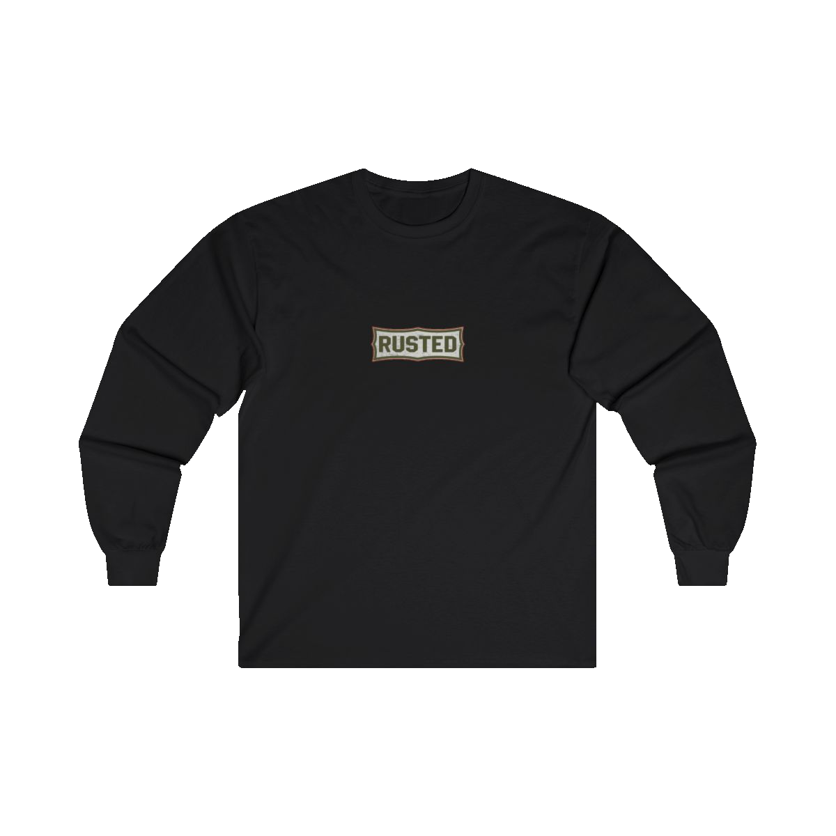 TRUST THE RUST chest badge on a black long sleeve