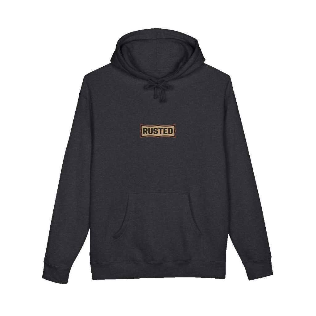 RESPECT THE IRON chest badge on a charcoal heather hoodie