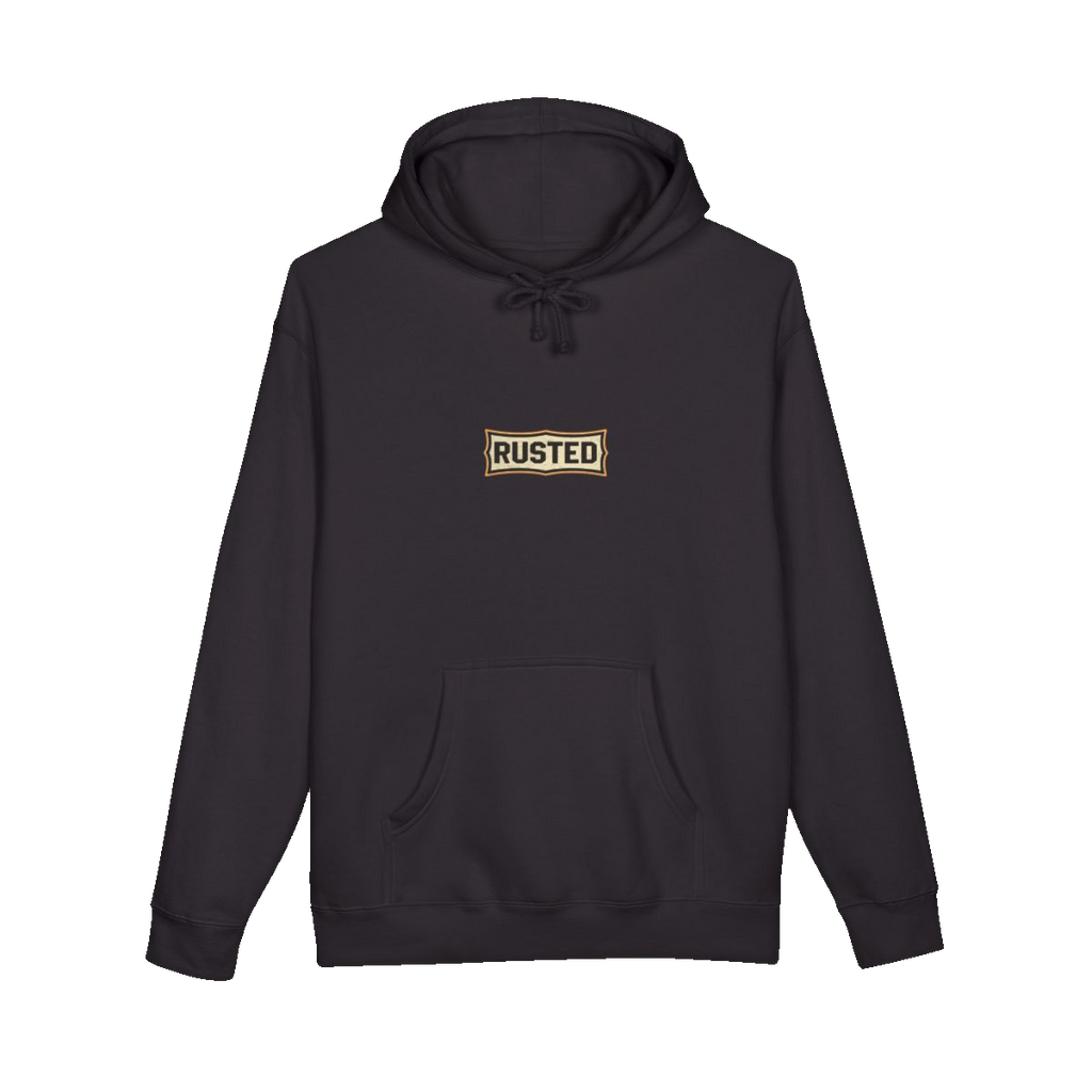 RESPECT THE IRON chest badge on a black hoodie
