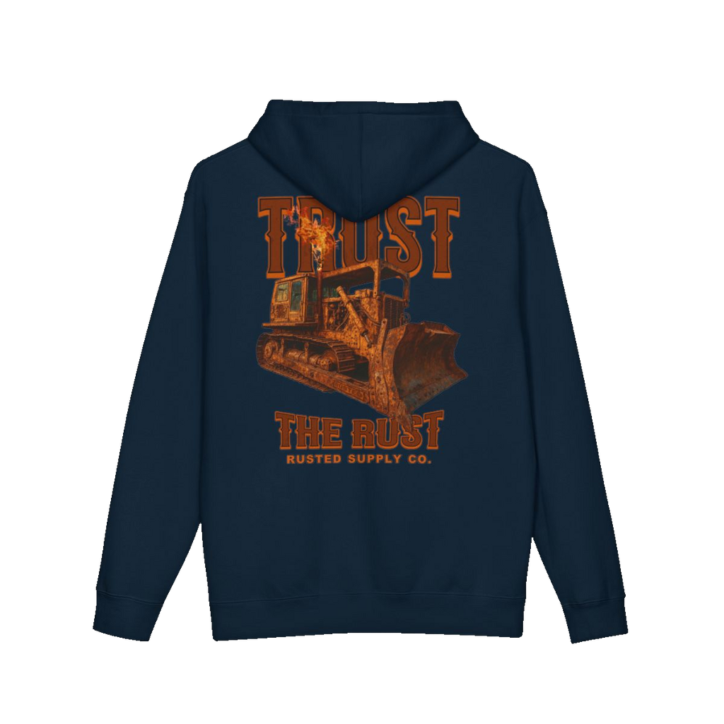 TRUST THE RUST blade dozer back print on a navy hoodie