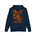 TRUST THE RUST blade dozer back print on a navy hoodie
