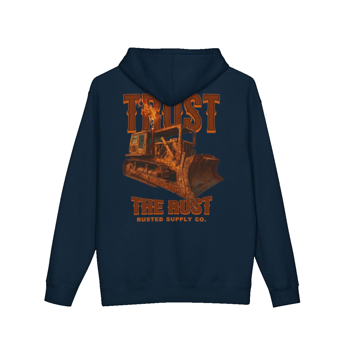 TRUST THE RUST blade dozer back print on a navy hoodie
