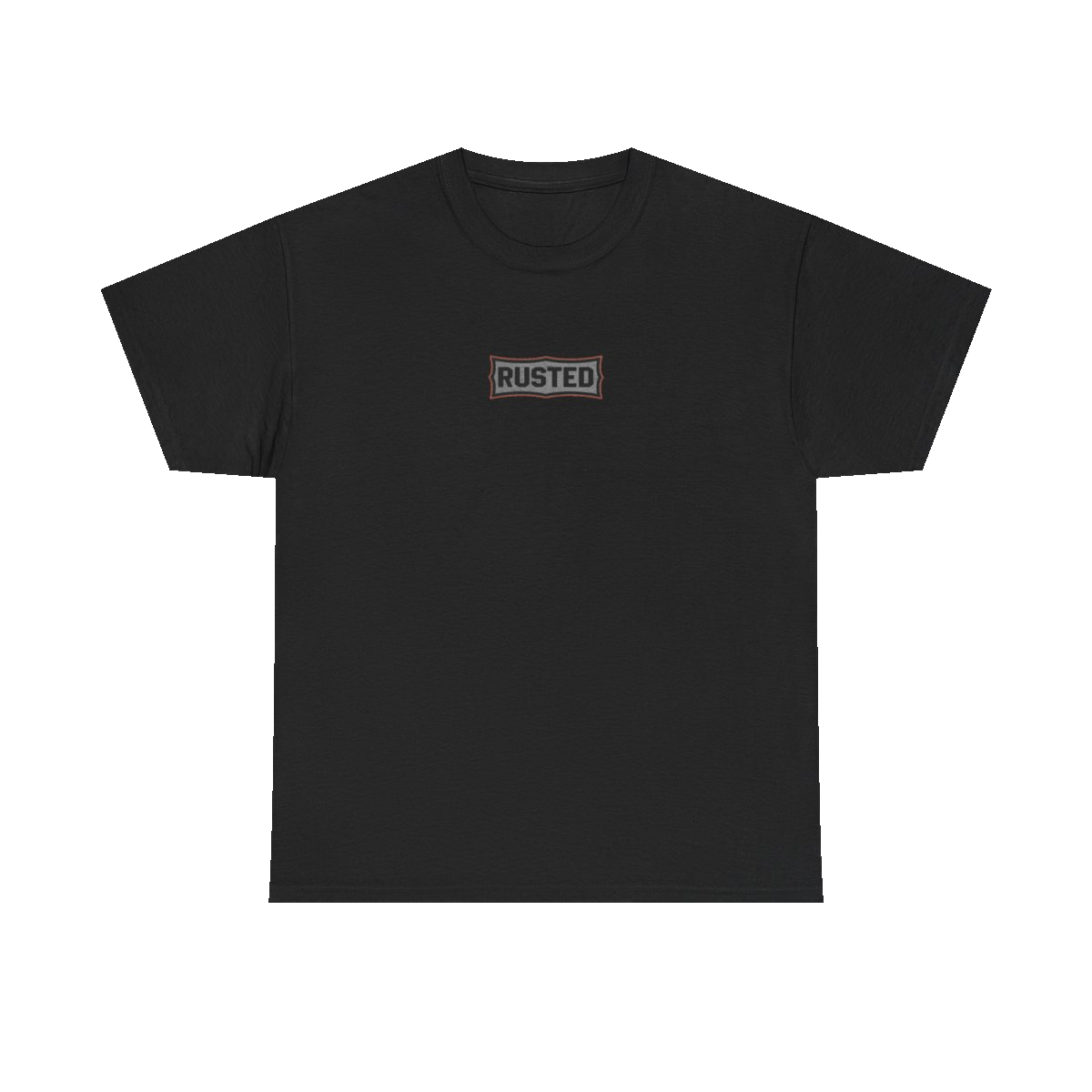 TRUST THE RUST chest badge on a black tee