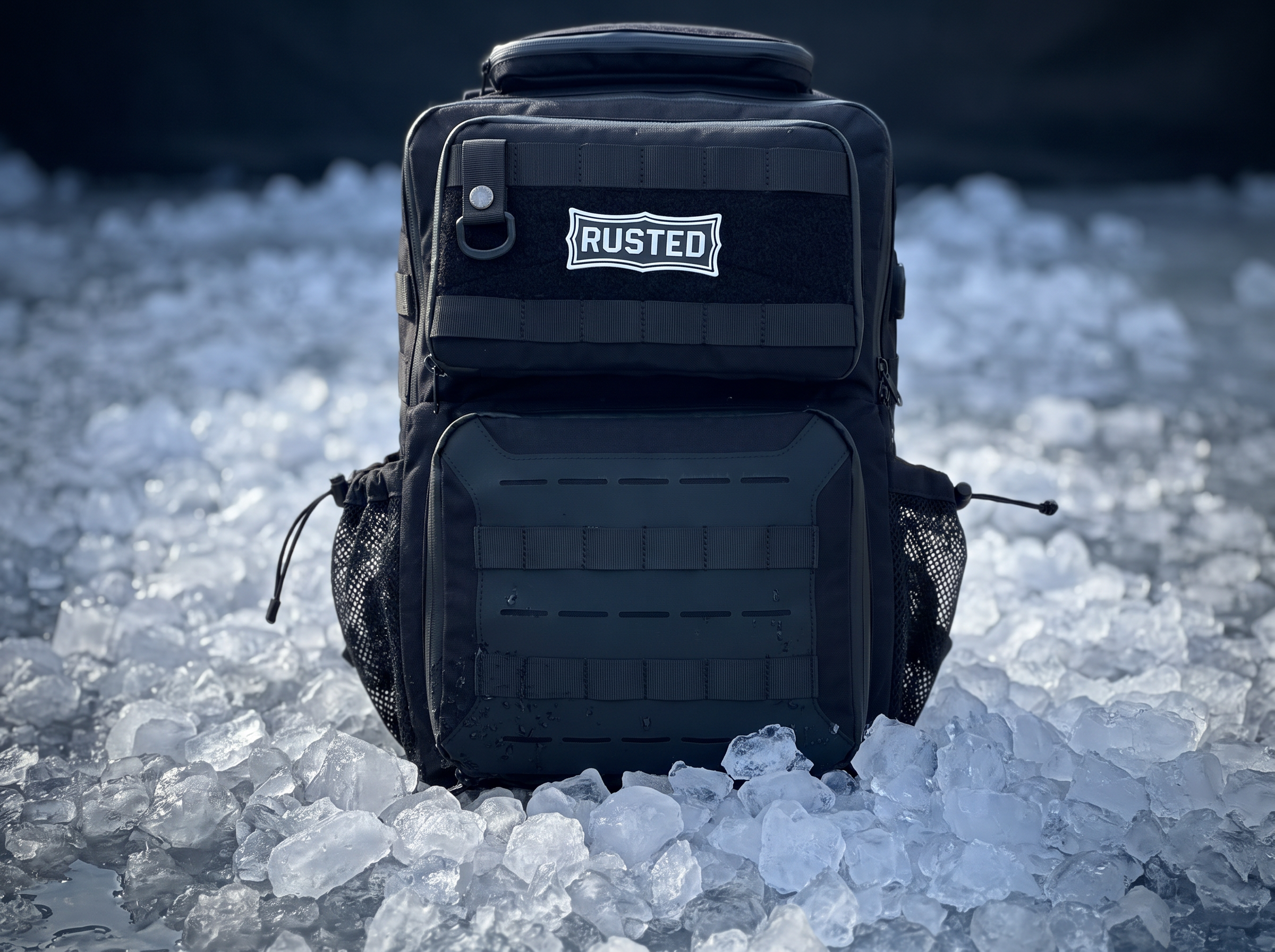 RUSTED Crew Pack 35L insulated cooler backpack sitting on a bed of ice