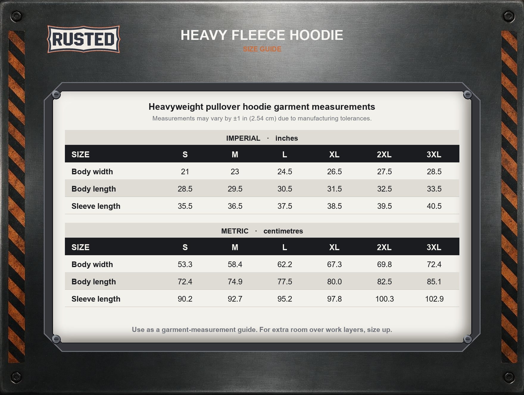 Rusted hoodie size chart, S to 3XL, inches and centimetres