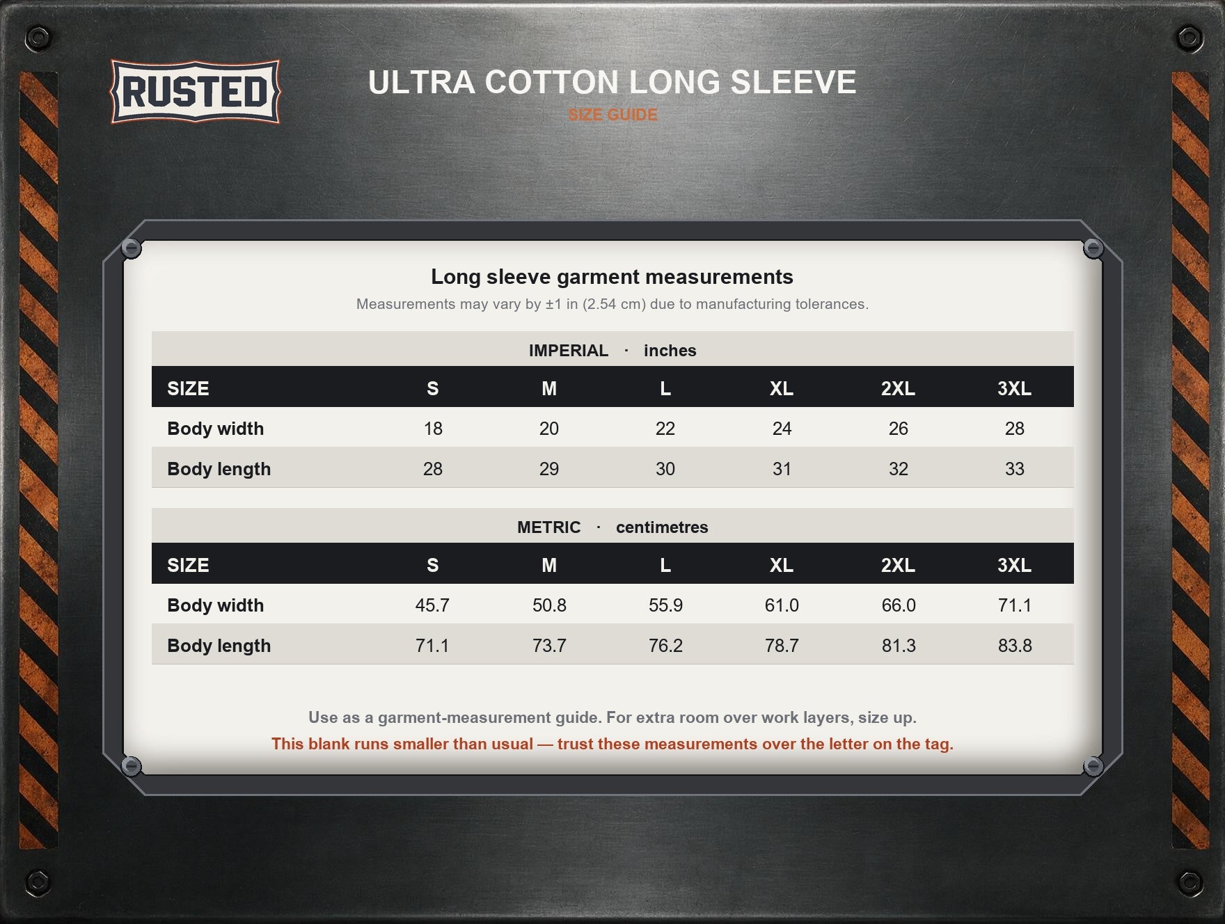 Rusted long sleeve size chart, S to 3XL, inches and centimetres