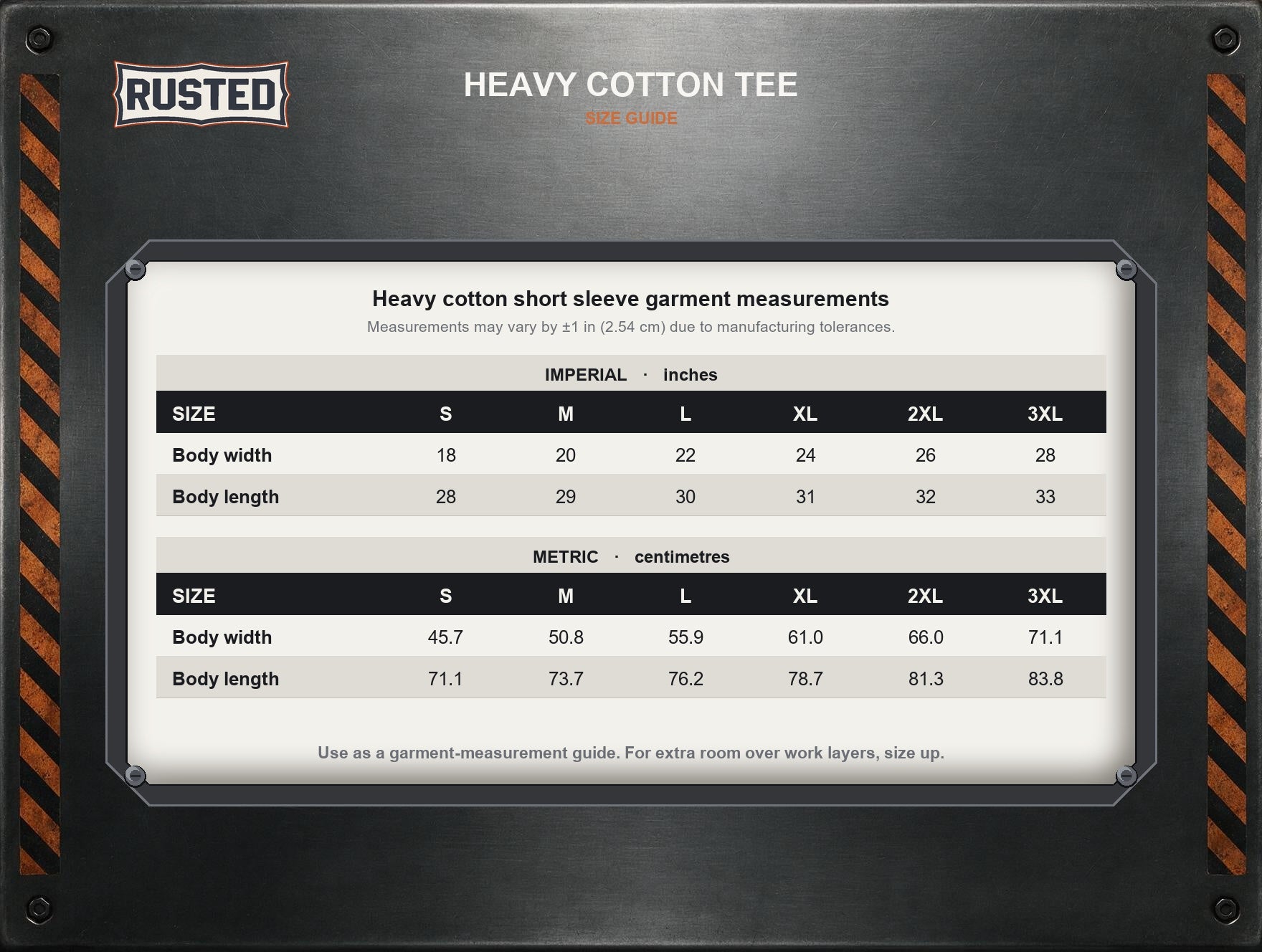 Rusted tee size chart, S to 3XL, inches and centimetres